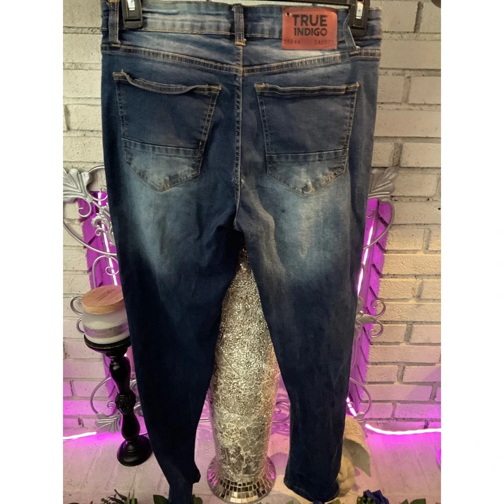 True Indigo Mens Distressed Skinny Jeans Dark Wash Ripped Denim 32x30